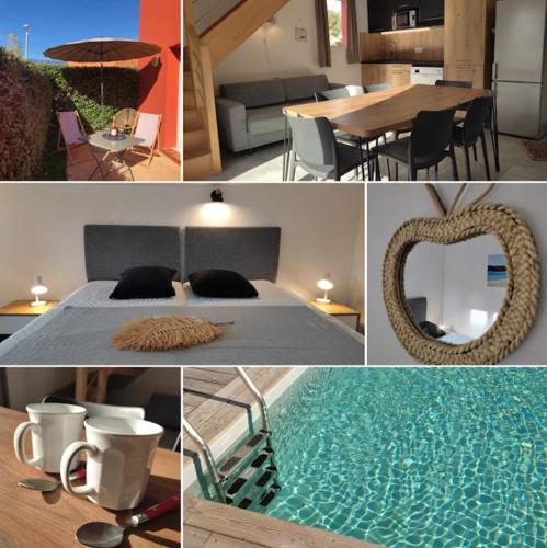 un collage de photos d'une maison avec piscine dans l'établissement T3 Madiana, Climatisé, piscines, resto, 5mn plages, à Lecci