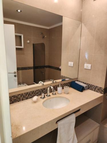a bathroom with a sink and a large mirror at Departamento 1 dormitorio amueblado in Bahía Blanca