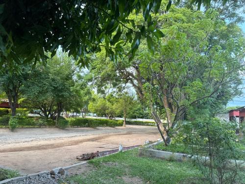 un parque con un banco en la hierba y los árboles en Casa guida, en Manica