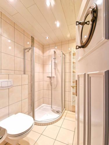 a bathroom with a shower and a toilet at Wassergans in Greetsiel
