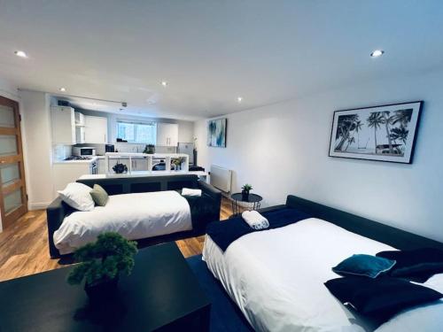 een woonkamer met 2 bedden en een keuken bij Gorgeous one bed room flat in central London in Londen
