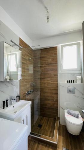 a bathroom with a sink and a toilet and a shower at ATHINA in Ofrínion