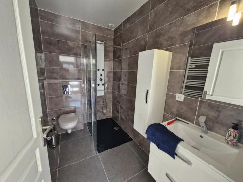 een badkamer met een douche, een toilet en een wastafel bij La Villa Caennaise-Caen in Caen