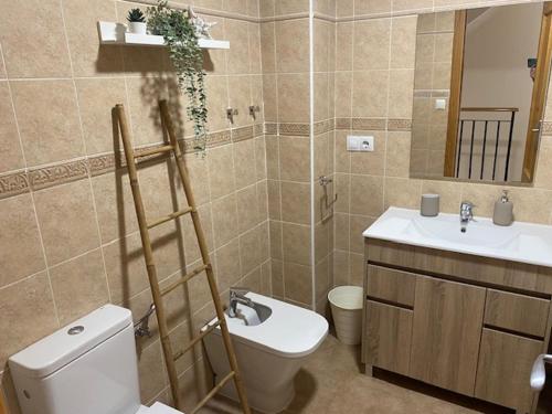 a bathroom with a toilet and a sink at ENCANTADORA CASA CON PISCINA A 5 MIN PLAYA WIFI in Alcossebre