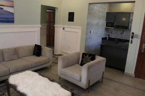杜篤瑪的住宿－ISN Luxury Apartments，客厅配有两张沙发和一台电视机