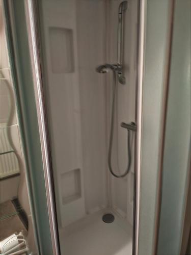 une douche avec une porte vitrée dans une salle de bain dans l'établissement Chez Didier et Gene, à Arès