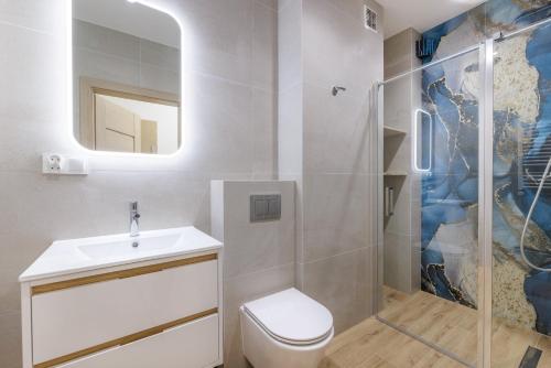 a bathroom with a toilet and a sink and a shower at Lis i Ryś in Ustrzyki Dolne