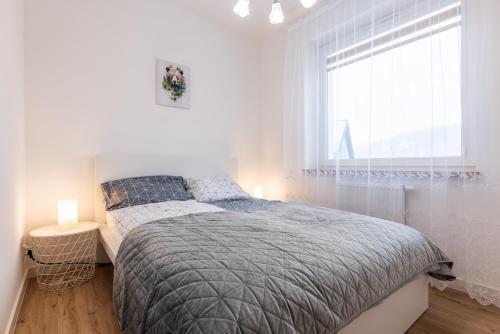 a white bedroom with a bed and a window at Lis i Ryś in Ustrzyki Dolne