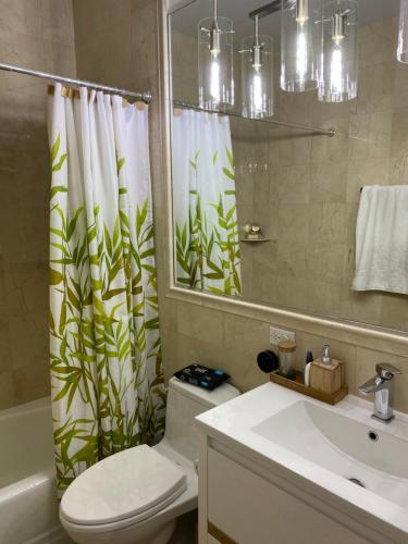 ein Badezimmer mit einem Waschbecken, einem WC und einem Duschvorhang in der Unterkunft Midtown Manhattan at its best! in New York