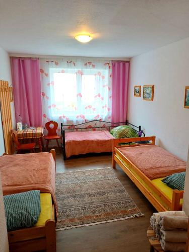 a bedroom with three beds and a window with pink curtains at Hotel Zemlinski in Payerbach