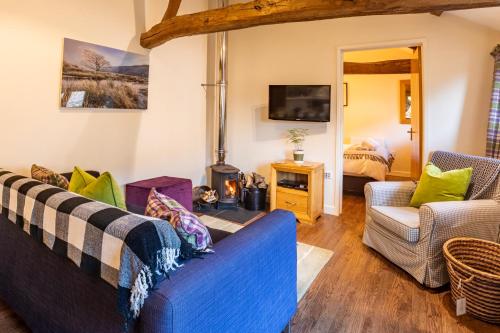 a living room with a blue couch and a fireplace at Dragonfly Cottage, Canal location in Brecon