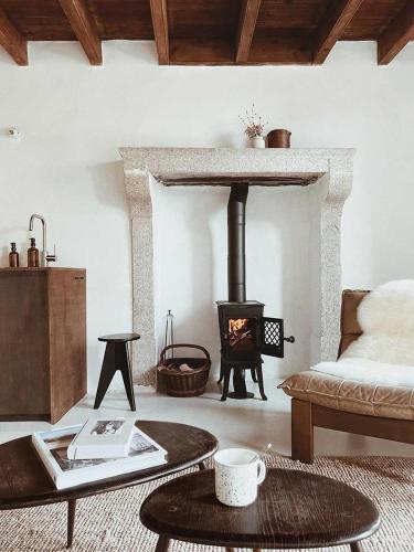 un salon avec une cheminée et un canapé dans l'établissement Maison Magda, à Ambierle