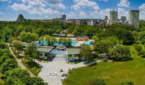 an aerial view of a park with a building at SeaView Lazur Apartment in Burgas City