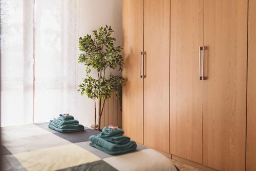 Zimmer mit einem Tisch, Handtüchern und einer Pflanze in der Unterkunft Casa Zoe 2 Apartment(Parking,Self Check-in & Wi-Fi) in Parma