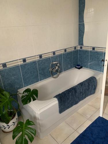 La salle de bains est pourvue d'une baignoire et d'une plante. dans l'établissement Maison de Robert, à Saint-Aquilin