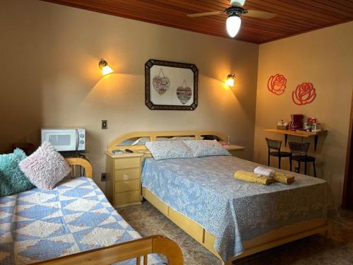 a bedroom with two beds and a desk and a tv at Hostel Limão Doce in Nova Friburgo