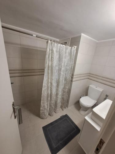 łazienka z zasłoną prysznicową i toaletą w obiekcie Patras Stay w mieście Patras