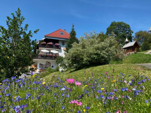 een huis bovenop een heuvel met bloemen bij Schwarzwald-Hotel Kraeutle in Feldberg