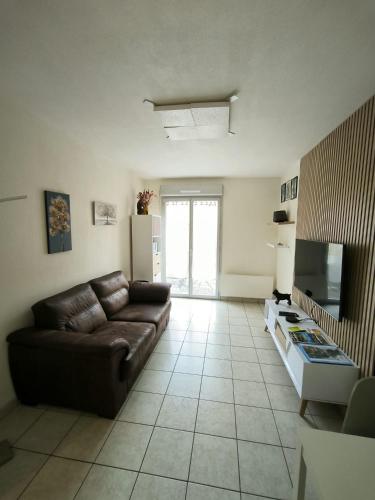 a living room with a leather couch and a tv at Appartement T2 en résidence sécurisée in Oloron-Sainte-Marie