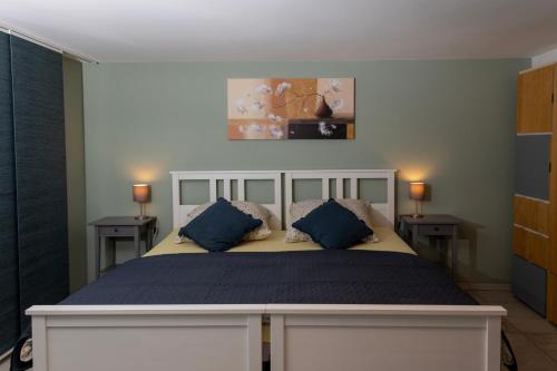 a bedroom with a large bed with blue pillows at ROMA Apartment I Cologne Phantasialand I Köln Messe in Erftstadt