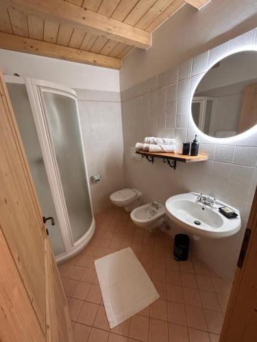 een badkamer met een wastafel, een toilet en een spiegel bij Agritur Maso Val Fraja in Cembra