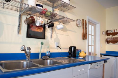 a kitchen with a sink and a blue counter top at Rumi Guest House on the Cabot Trail in Indian Brook