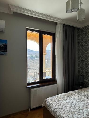 a bedroom with a bed and a large window at guest house TMT in Sighnaghi