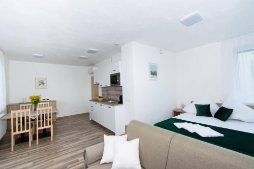 a bedroom with a bed and a couch and a kitchen at Solid Gold Garni Hotel in Malacky