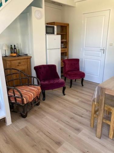 Il comprend une cuisine équipée de 2 chaises, d'une table et d'un réfrigérateur. dans l'établissement Mini villa villa Gallargues le Montueux jardinet / piscine partagée, à Gallargues-le-Montueux