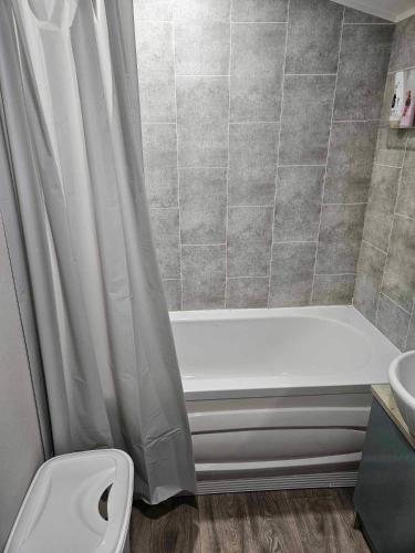 a bathroom with a tub and a toilet and a shower at Loch View 30 in Stranraer