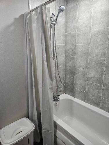 a bathroom with a shower and a toilet and a tub at Loch View 30 in Stranraer