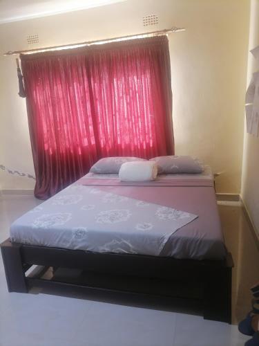 1 dormitorio con 1 cama con cortina roja en Cee's apartment, en Chipata
