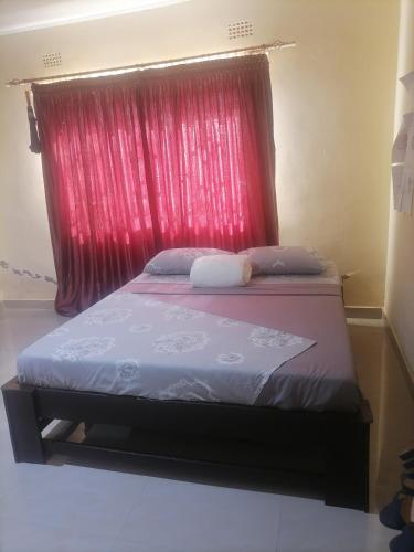 sypialnia z łóżkiem z czerwoną zasłoną w obiekcie Cee's apartment w mieście Chipata