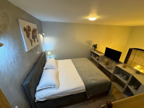 a bedroom with a bed and a desk with a television at City Center Apartman in Satu Mare
