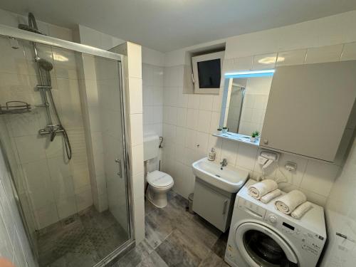 a bathroom with a shower sink and a washing machine at City Center Apartman in Satu Mare