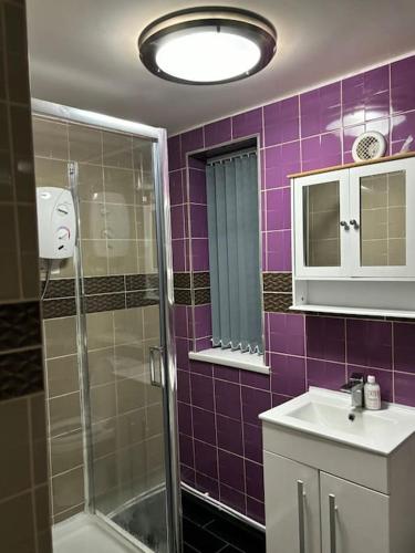 マンチェスターにあるStunning 2 bed rear flat Manchesterの紫色のタイル張りのバスルーム(シャワー、シンク付)