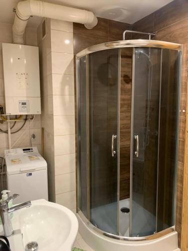 ein Bad mit einer Dusche, einem WC und einem Waschbecken in der Unterkunft APARTAMENT NAD JEZIORKIEM KĘTRZYŃSKIM in Kętrzyn