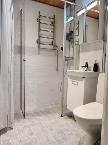 een badkamer met een douche, een toilet en een wastafel bij M Apartments Jurvalankatu in Tampere
