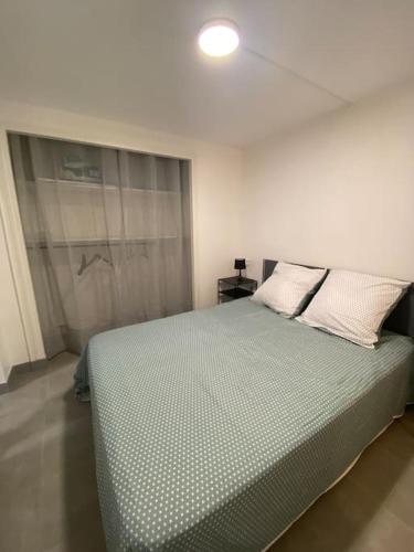 ein Schlafzimmer mit einem großen Bett in einem Zimmer in der Unterkunft T2 jusqu’à 4 personnes in Conques-sur-Orbiel