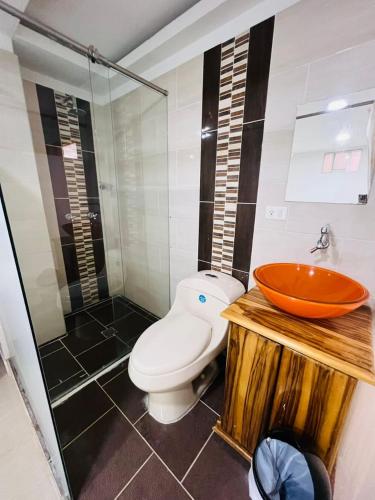 a bathroom with a toilet and a sink and a shower at The Best Corner in San Rafael