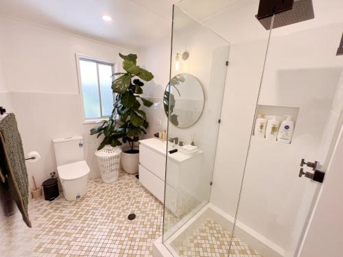 Norah50 meters to the beach Hargraves Beach Cottage的带淋浴和卫生间的浴室