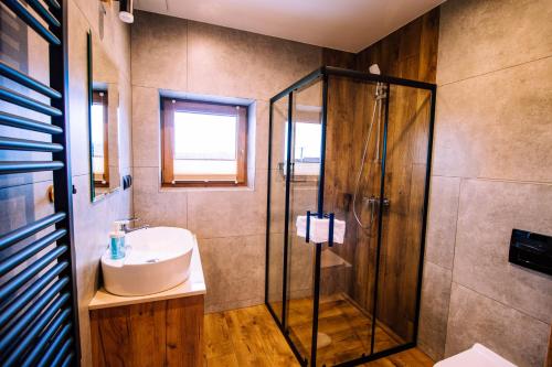 a bathroom with a sink and a shower at Sielanka u Stanka in Szaflary