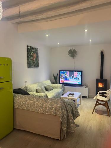 a bedroom with a bed and a couch and a tv at Casa Rural Recovecos in Algodonales