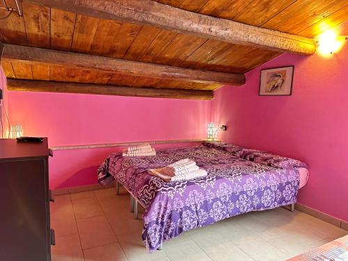 1 dormitorio con 1 cama en una pared de color rosa en Al Vecchio Mulino da Nonna Ninetta, en Corfinio