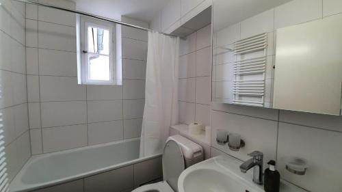 a white bathroom with a toilet and a sink at Apartments by DASBREITEHOTEL in Basel