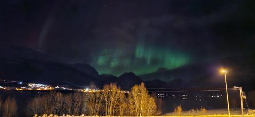 una aurora en el cielo sobre una ciudad por la noche en Ramfjord Apartment, en Tromsø