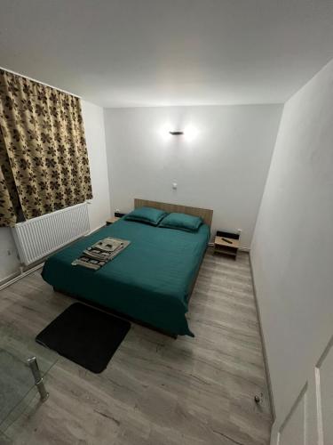 a bedroom with a green bed in a room at Casa Dragoeni, Targu Jiu in Târgu Jiu