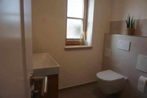 a bathroom with a toilet and a sink and a window at Neubau2024 - Ferienwohnung Ott in Halblech
