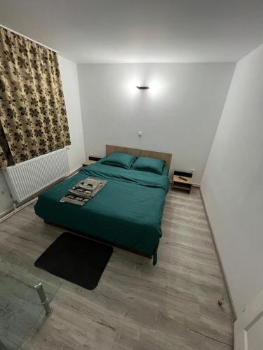 a bedroom with a green bed in a room at Casa Dragoeni, Targu Jiu in Târgu Jiu