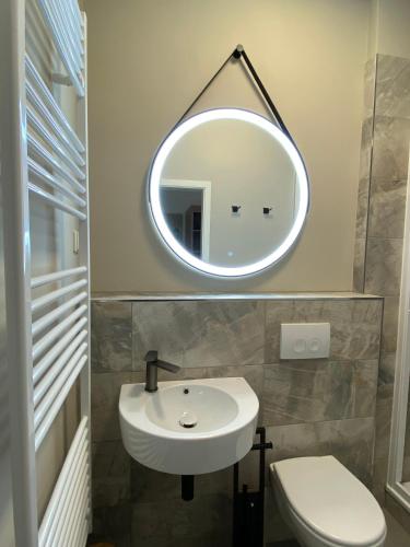 a bathroom with a white sink and a mirror at Pension Zum Alten Fährhaus in Rostock